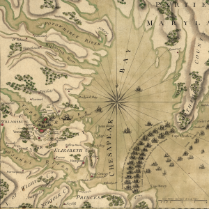 Carte de la partie de la Virginie ou l'armée combinée de France & des États-Unis de l'Amérique a fait prisonnière l'Armée anglaise commandée par Lord Cornwallis le 19 octobre. 1781, avec le plan de l'attaque d'York-town & de Glocester